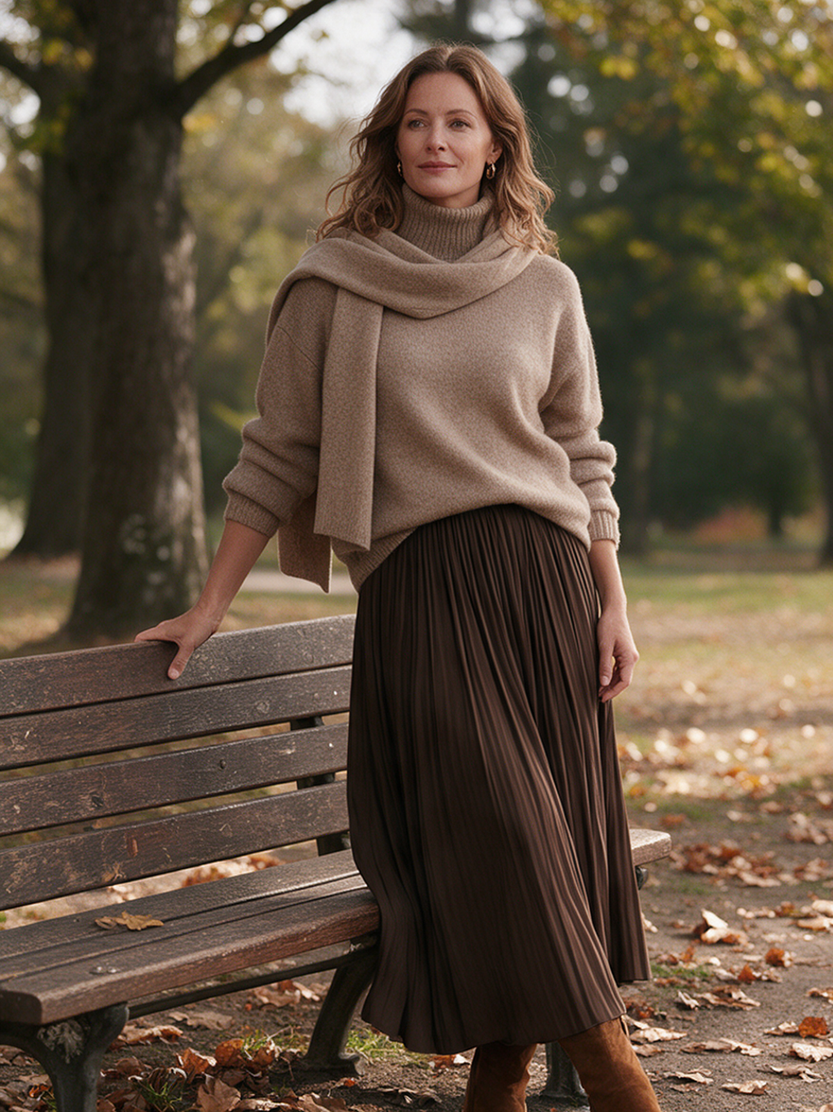 Women's Casual Dark Brown Satin Midi Skirt