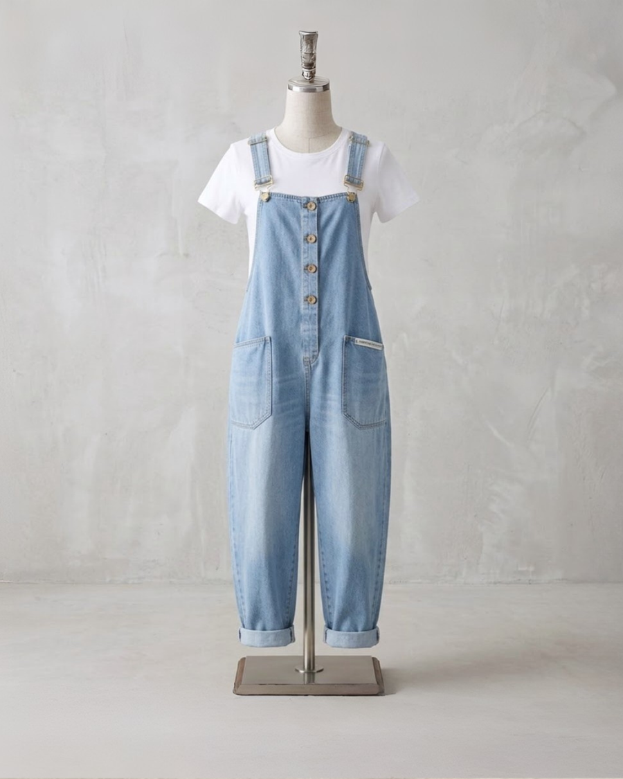 Saylor - Vintage Soft Cotton Denim-Look Overalls with Adjustable straps