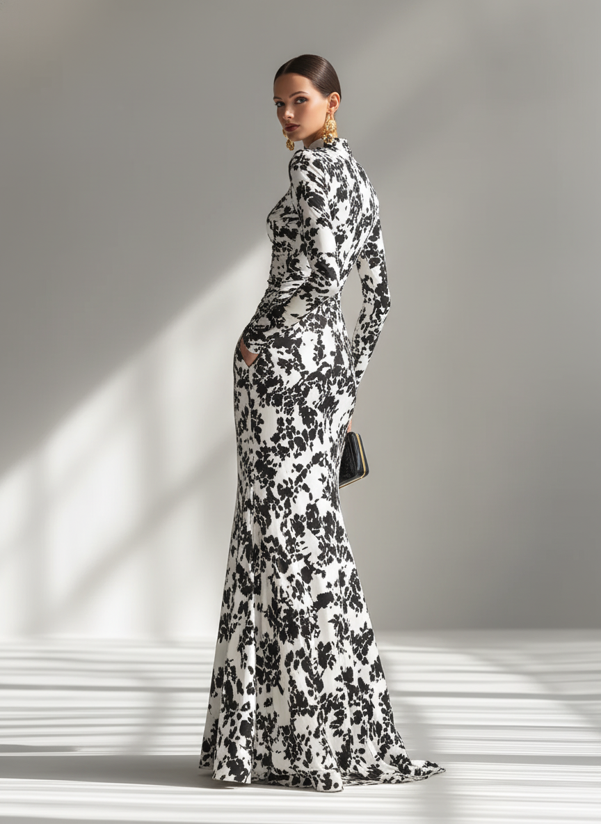 Women's Black And White Patterned Stretch Blend Wrap Dress MDA1295K1AP