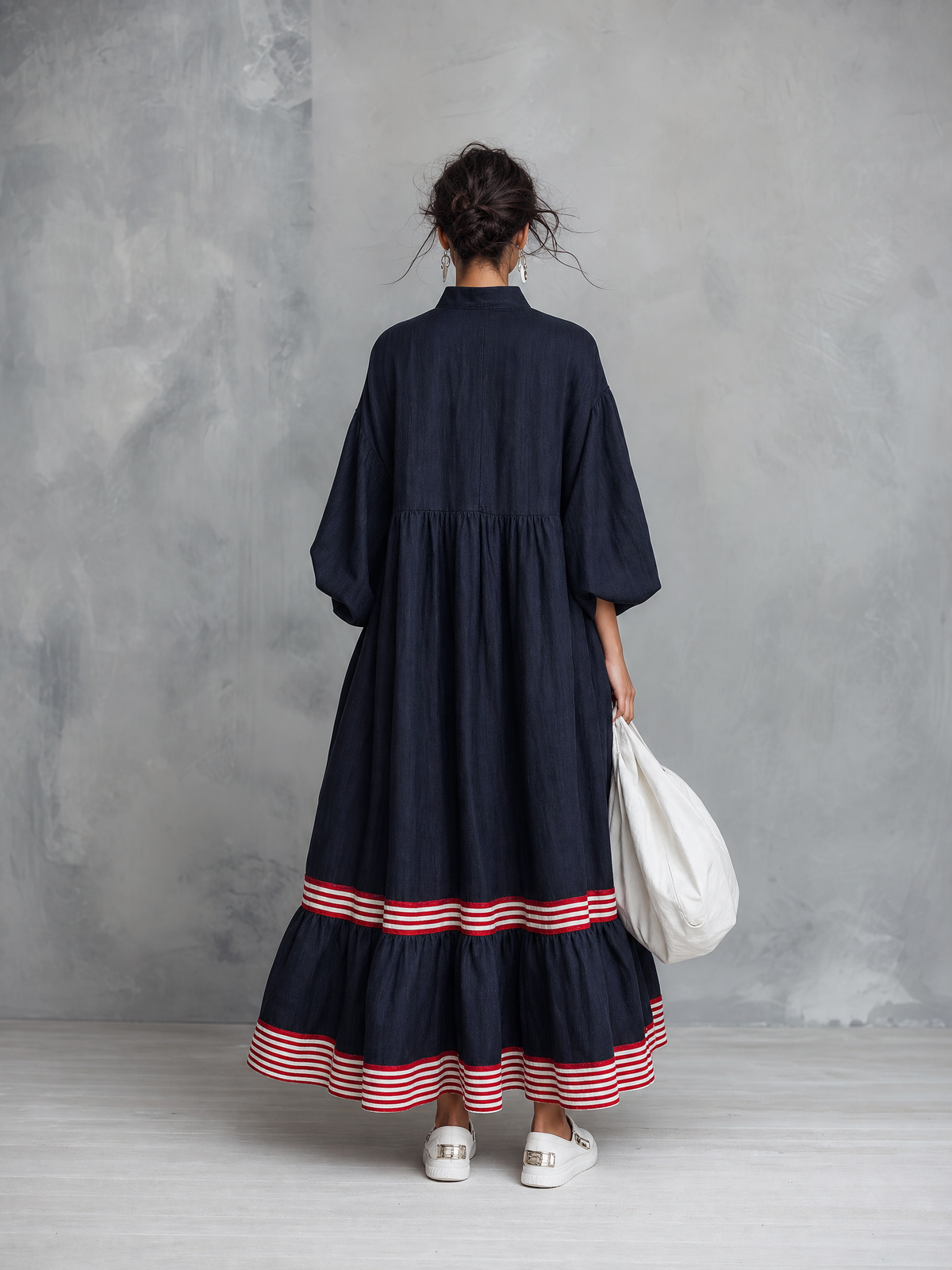 Women's Minimalist Linen-Blend Long-Sleeve Maxi Dress With Striped Hem Panel