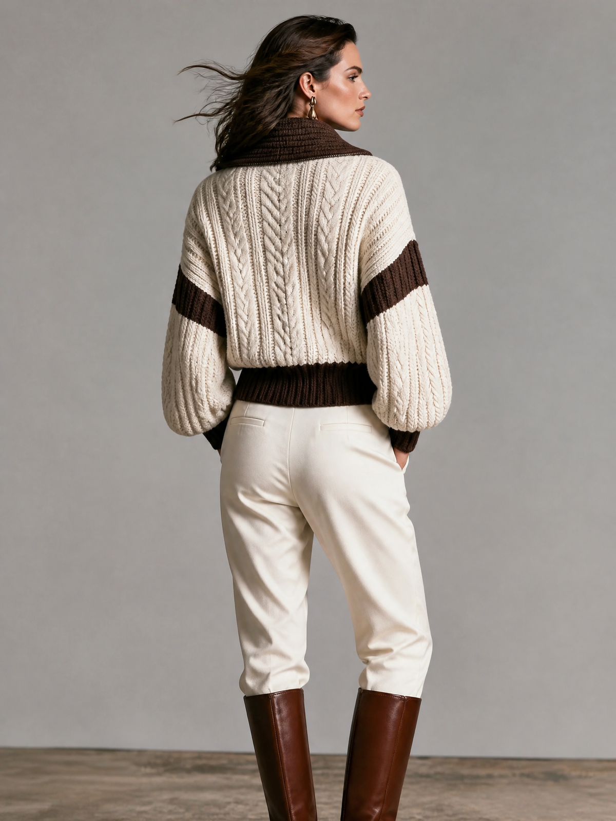 Women's Casual Long-sleeve Knit Coat In Beige And Brown.