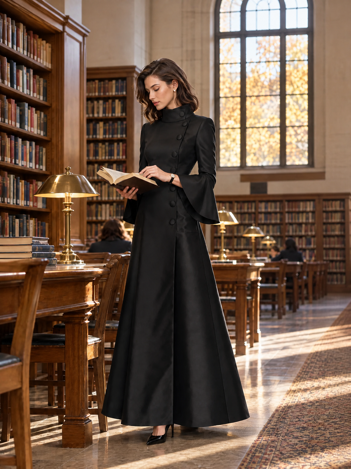 Women's Elegant High-Collar Bell Sleeve Maxi Dress