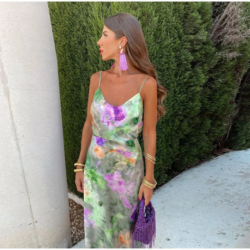 Silk Floral Backless Slip Maxi Dress for Women