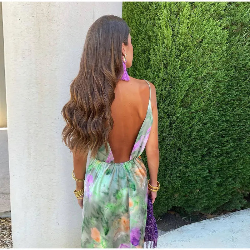Silk Floral Backless Slip Maxi Dress for Women