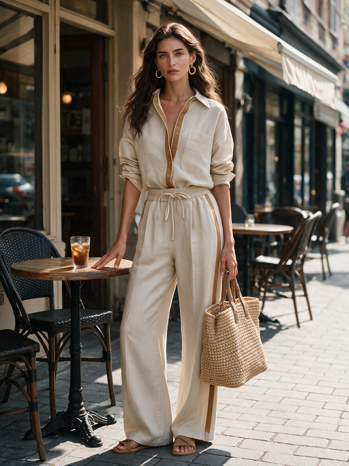 Women's Casual Khaki Cotton-Linen Shirt And Trousers Two-Piece Set