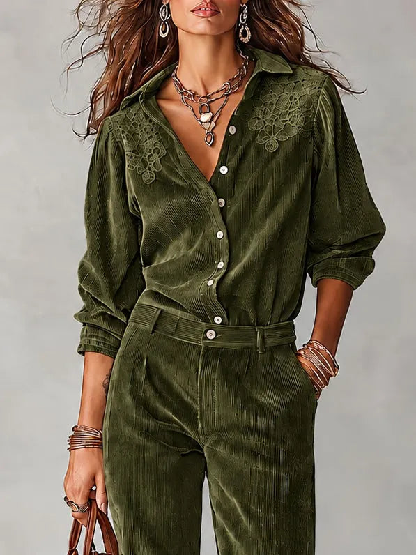 Olive Green Corduroy Lace-Trim Shirt & Wide-Leg Pants Set