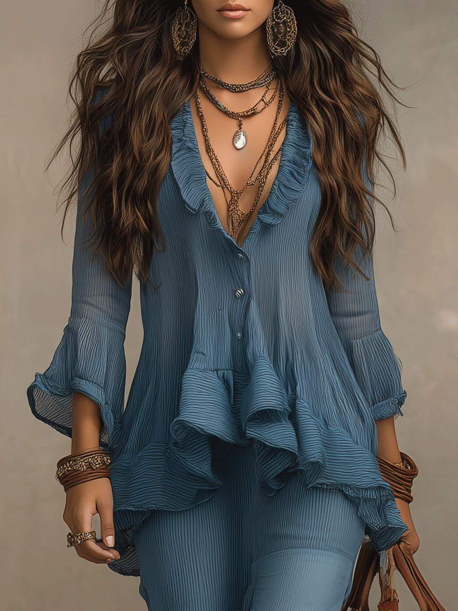 Boho Ruffle Button-Front Dusty Blue Blouse
