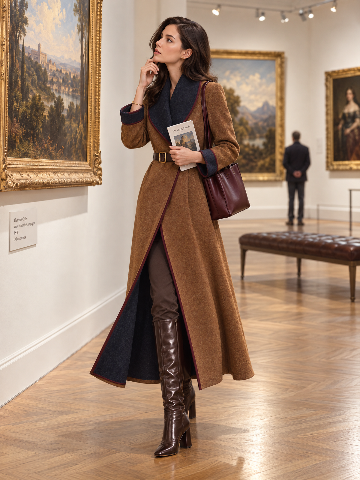Women's Camel Brown Long Wrap Coat With Navy Contrast Shawl Collar