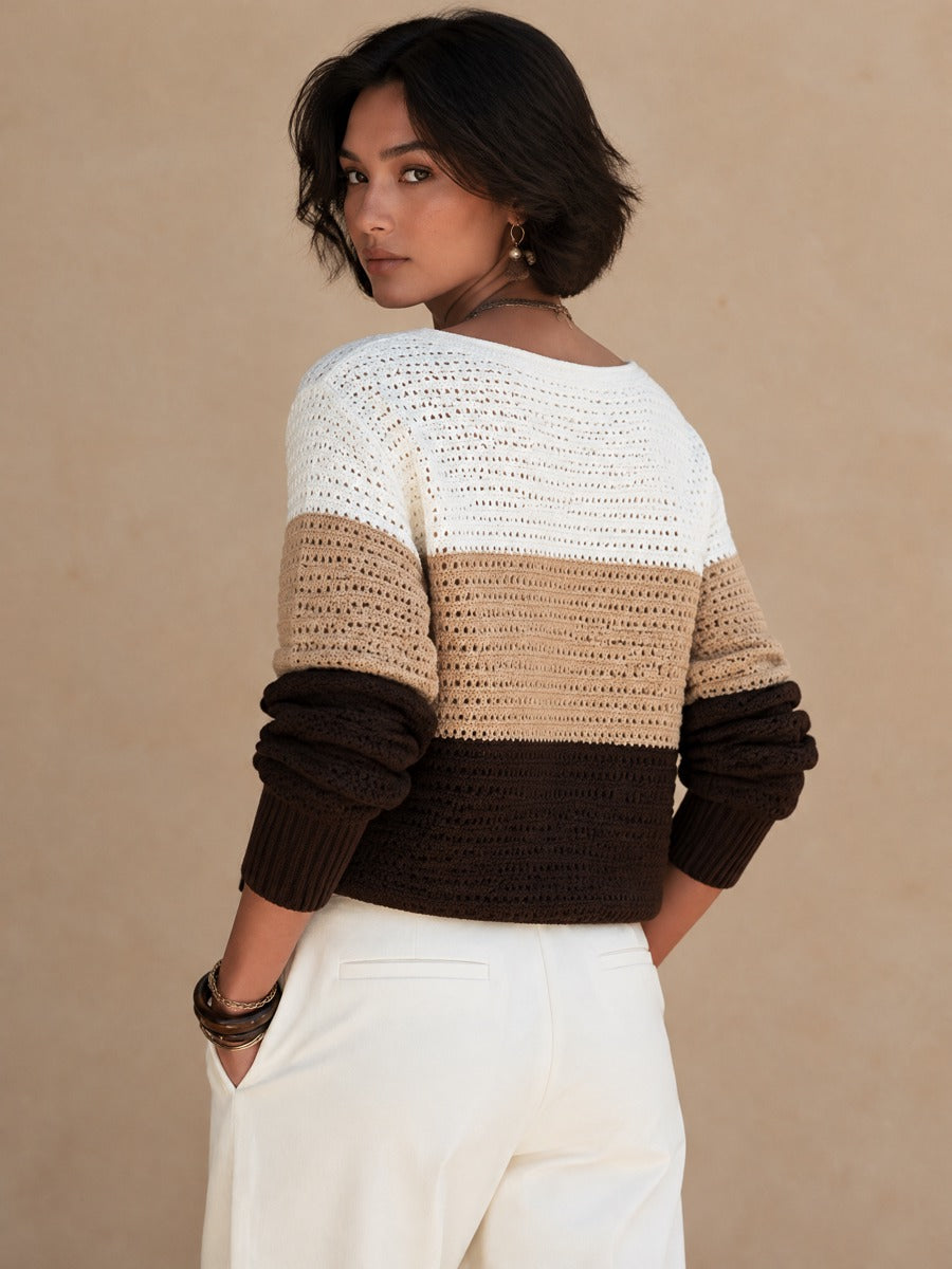 Women's Color Block V-Neck Open-Knit Sweater