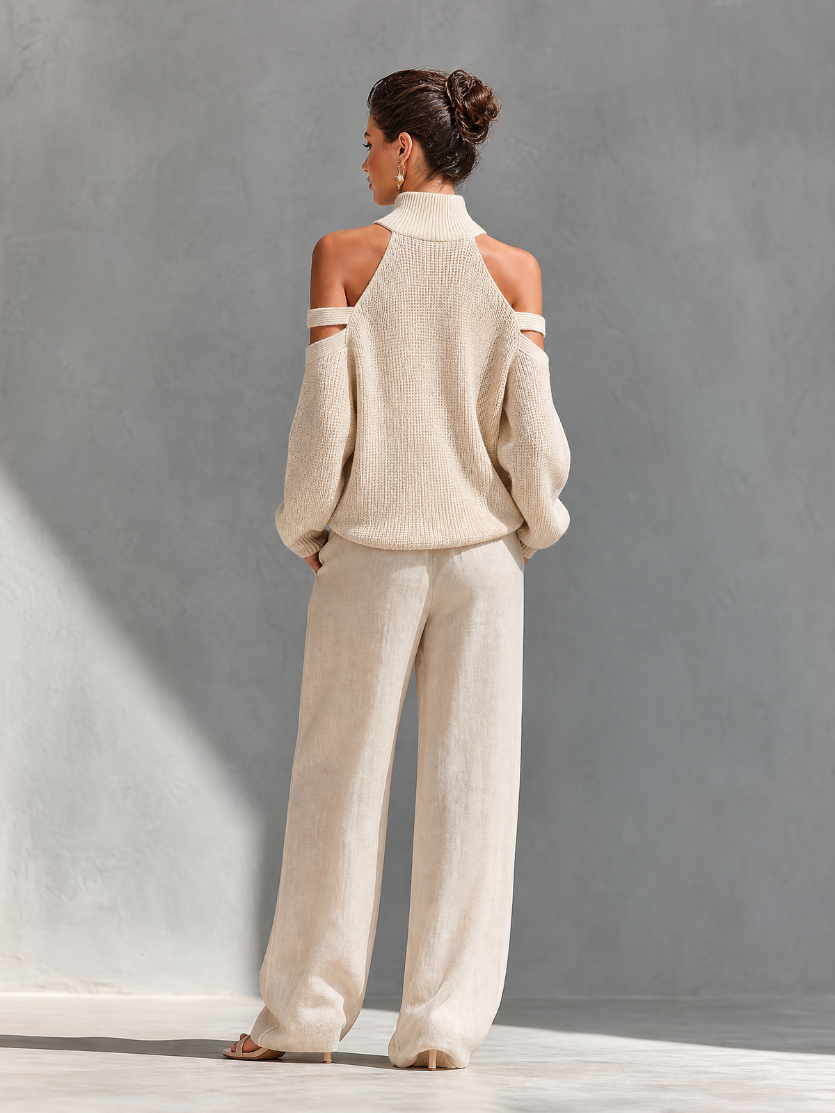 Women's Beige Knit Fabric Cold-Shoulder Turtleneck Top & Wide-Leg Pants Set MDZ0984A5T