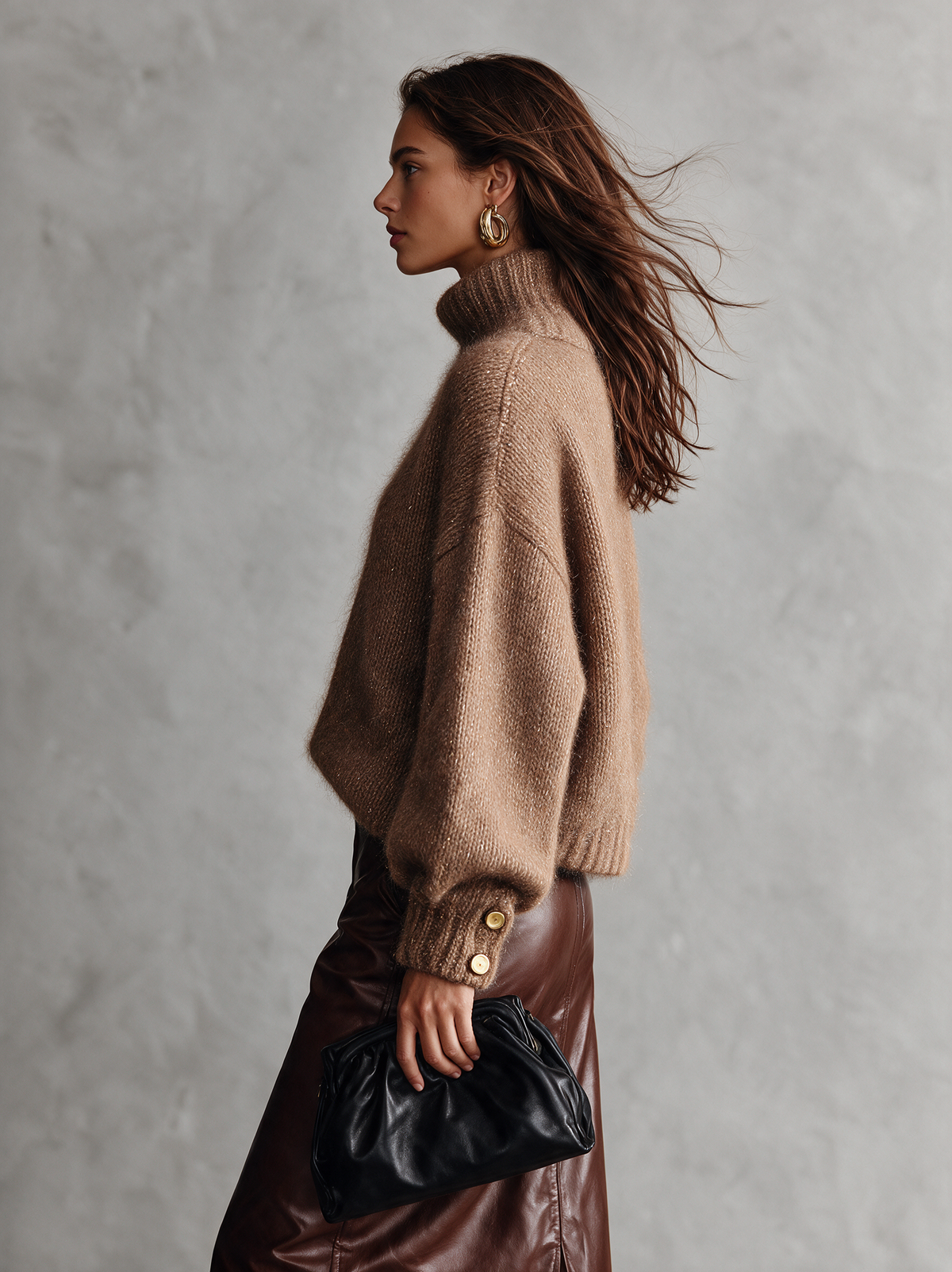 Women's Casual Camel Mohair-Blend Long-Sleeve Turtleneck Sweater