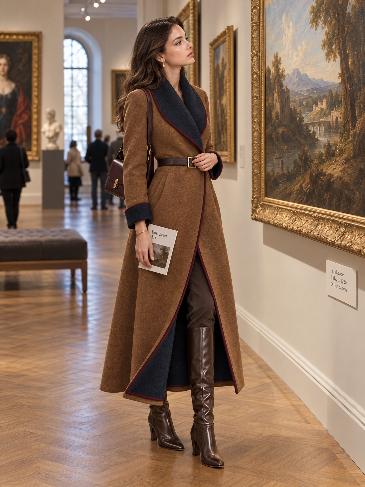 Women's Camel Brown Long Wrap Coat With Navy Contrast Shawl Collar