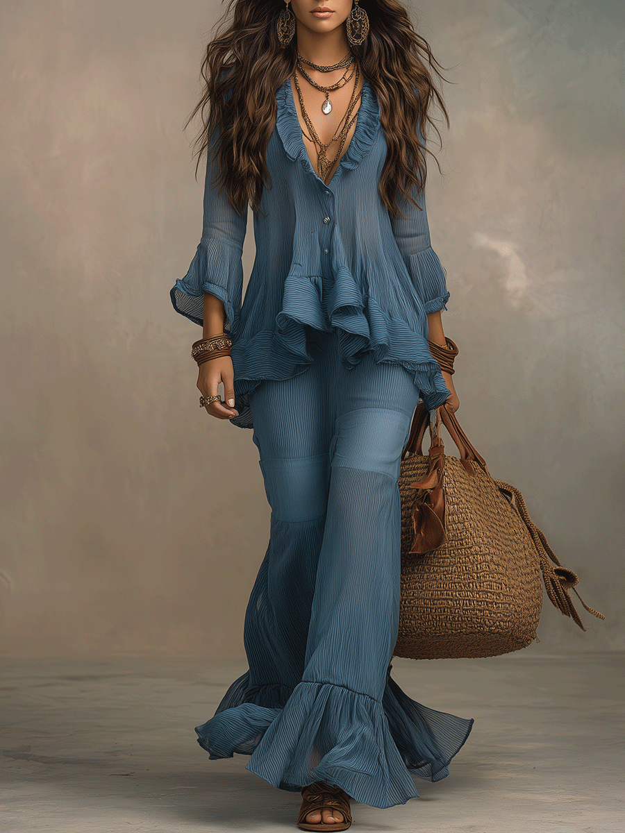 Boho Ruffle Button-Front Dusty Blue Blouse