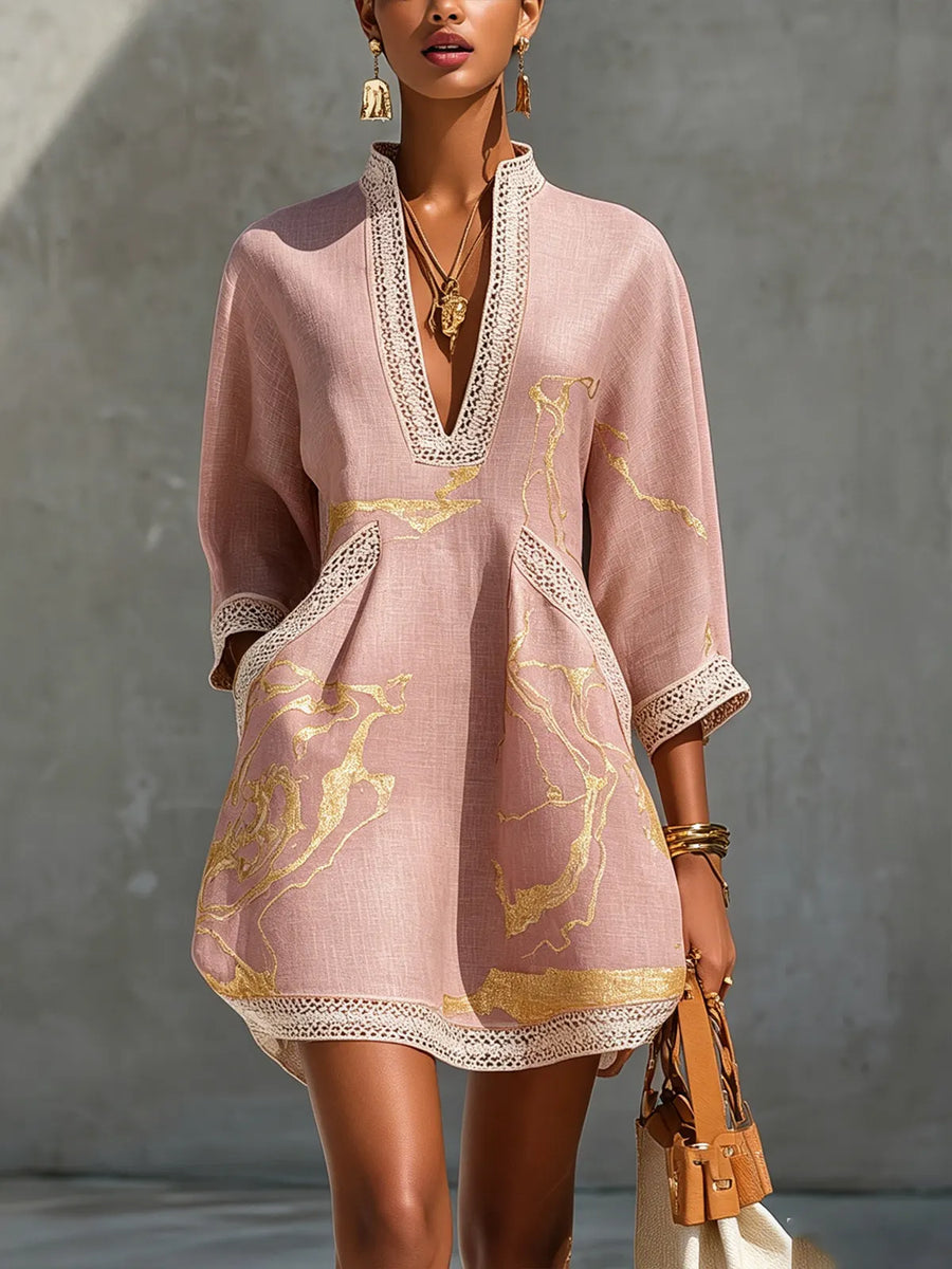 Boho V-Neck Crochet Lace Mini Dress - Pink Gold