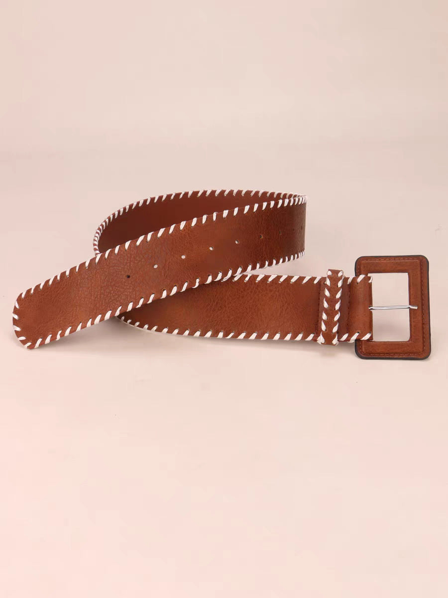 Women's Brown Leather Belt with Stitching Detail MDA1679H3I