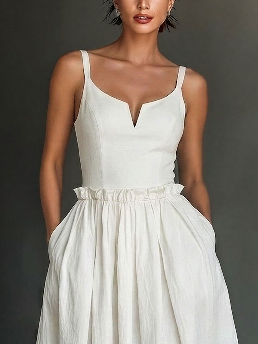 Women’s White Cotton Blend Sweetheart Neckline Midi Dress With Ruffled Waist & Pockets
