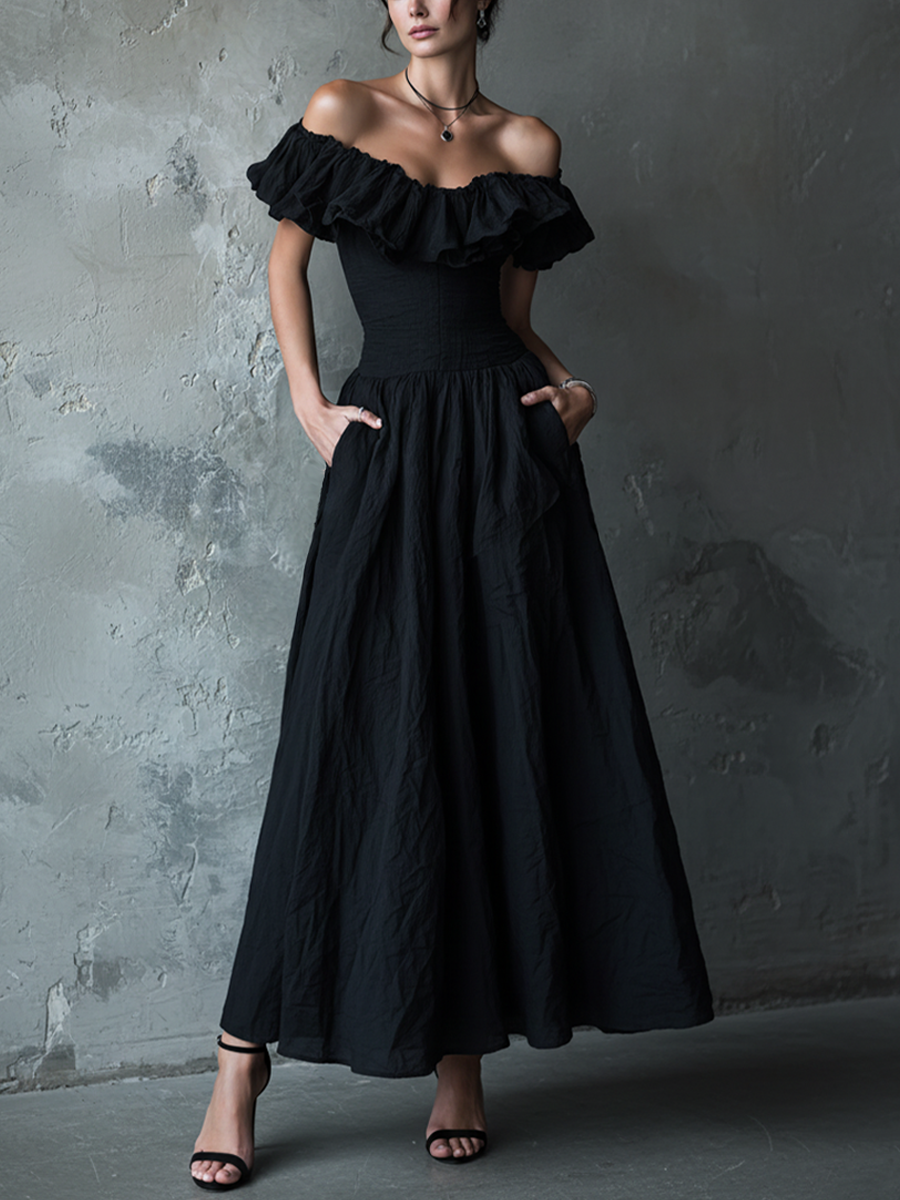 Women's Elegant Black Cotton Blend Off-Shoulder Ruffle Smocked Waist-Tailored Flared Maxi Dress