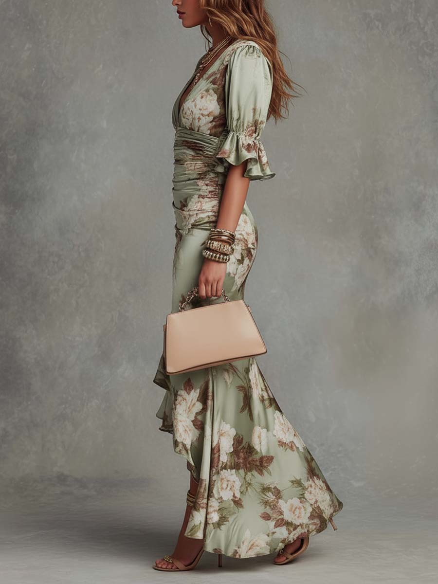 Retro Floral Ruched V-Neck Maxi Dress