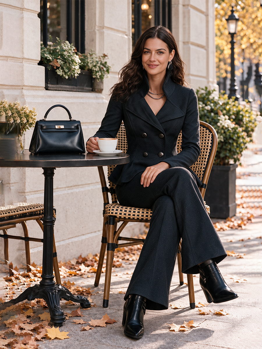 Women's Black Stand Collar Double-Breasted Cinched-Waist Peplum Long Sleeve Blazer