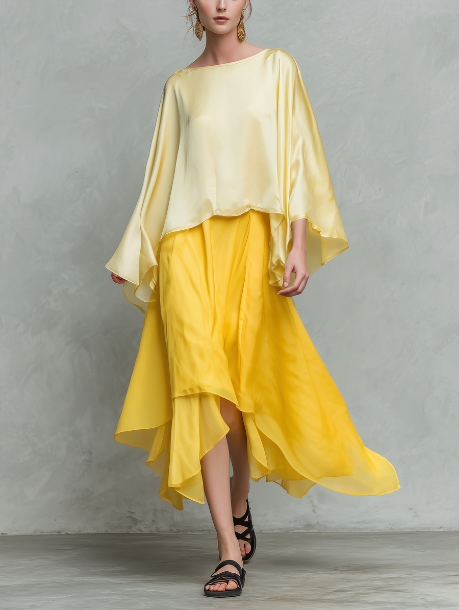 Women's Casual Yellow Satin Long-Sleeve Top Paired With A Chiffon Skirt