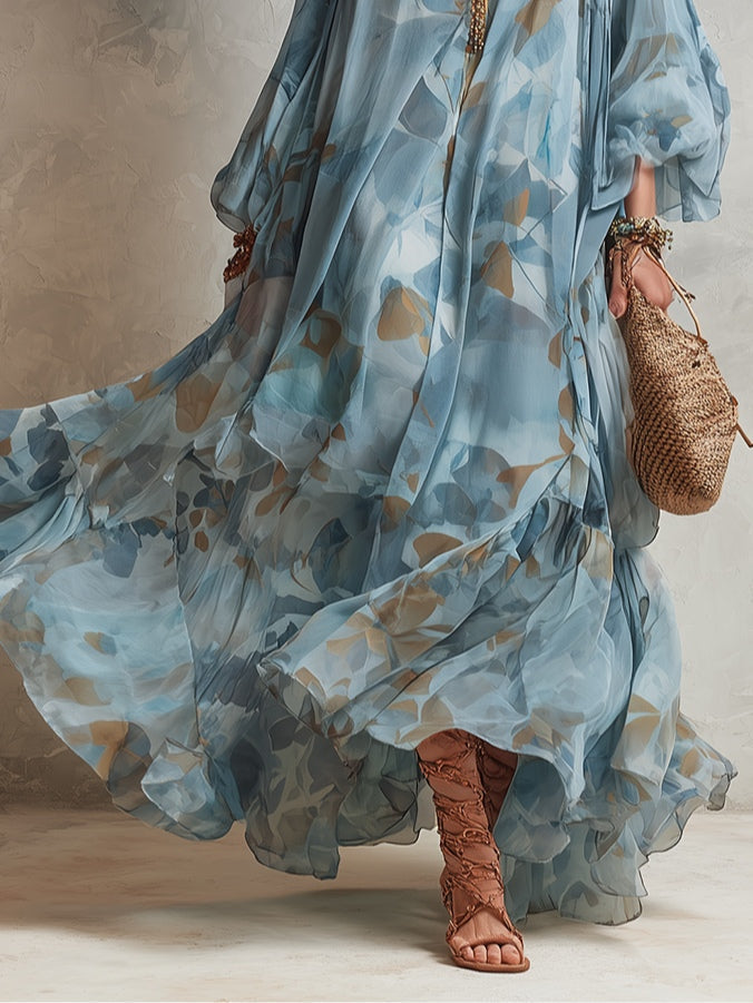 Bohemian Flowing Blue Floral Print Maxi Dress