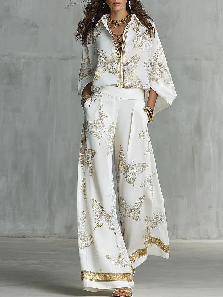 Casual Elegant Gold Butterfly Print Loose Two-piece Set