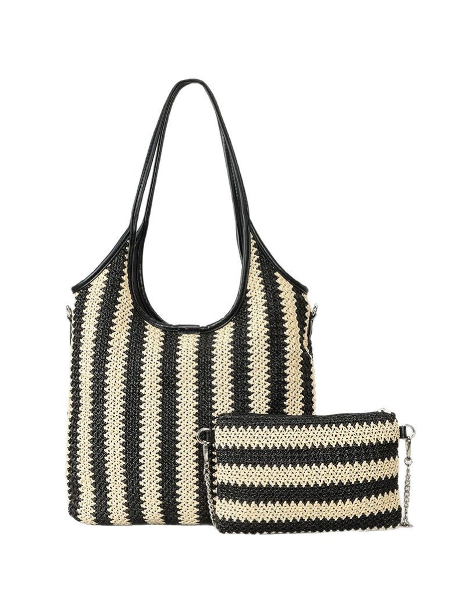 Women's Contrast Striped Vintage Straw Shoulder Bag
