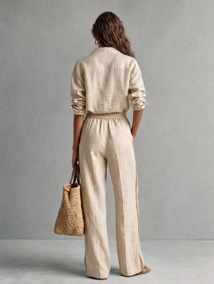 Women's Casual Khaki Cotton-Linen Shirt And Trousers Two-Piece Set