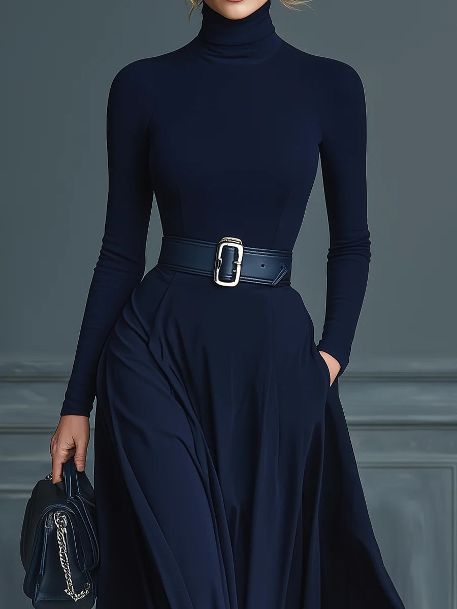 Eleonora - Dark blue knit dress with high neck