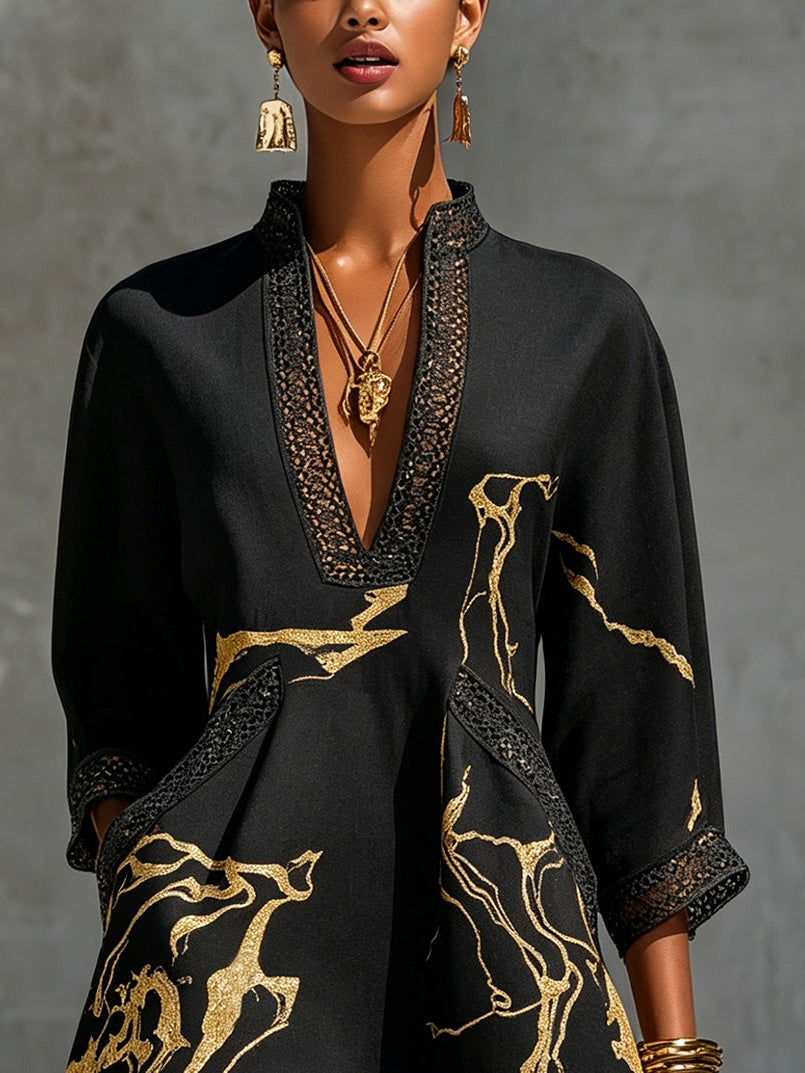Boho V-Neck Crochet Lace Mini Dress - Black Gold