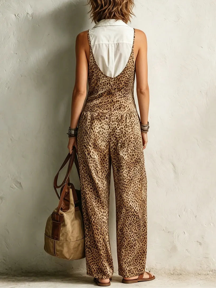 Vintage sleeveless top paired with a satin leopard-print jumpsuit set