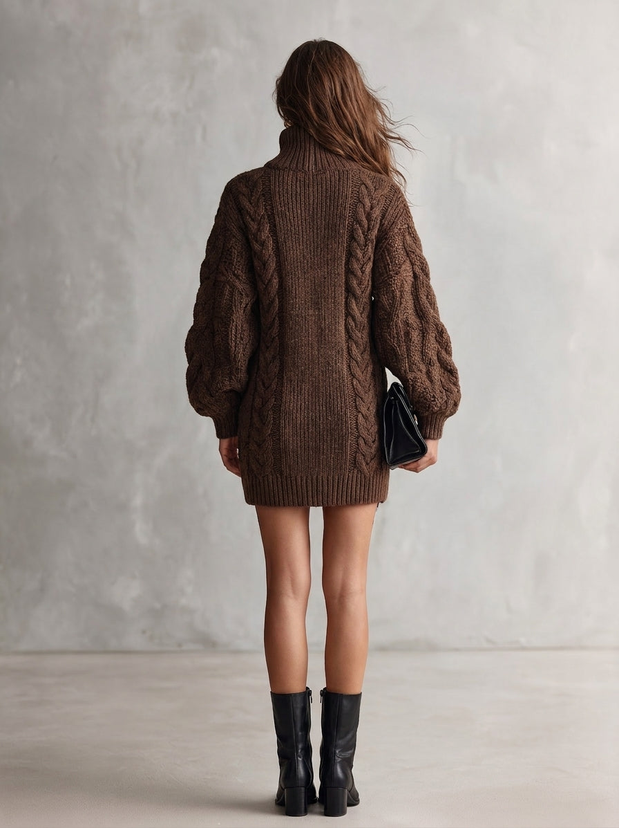 Women's Casual Brown Long-sleeved Knitted Mini Dress