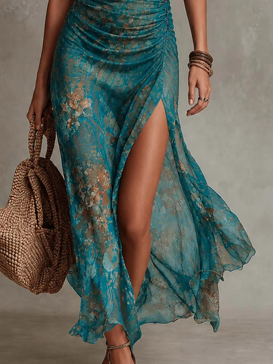 Blue Bohemian Floral Halter Smocked Waist Ruched Maxi Dress