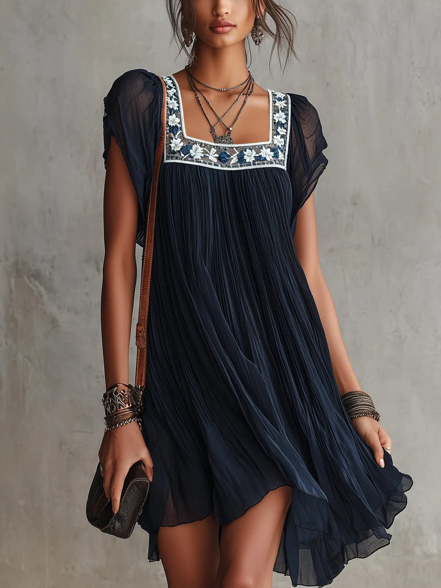 Navy Blue Floral Embroidered Pleated Chiffon Mini Dress