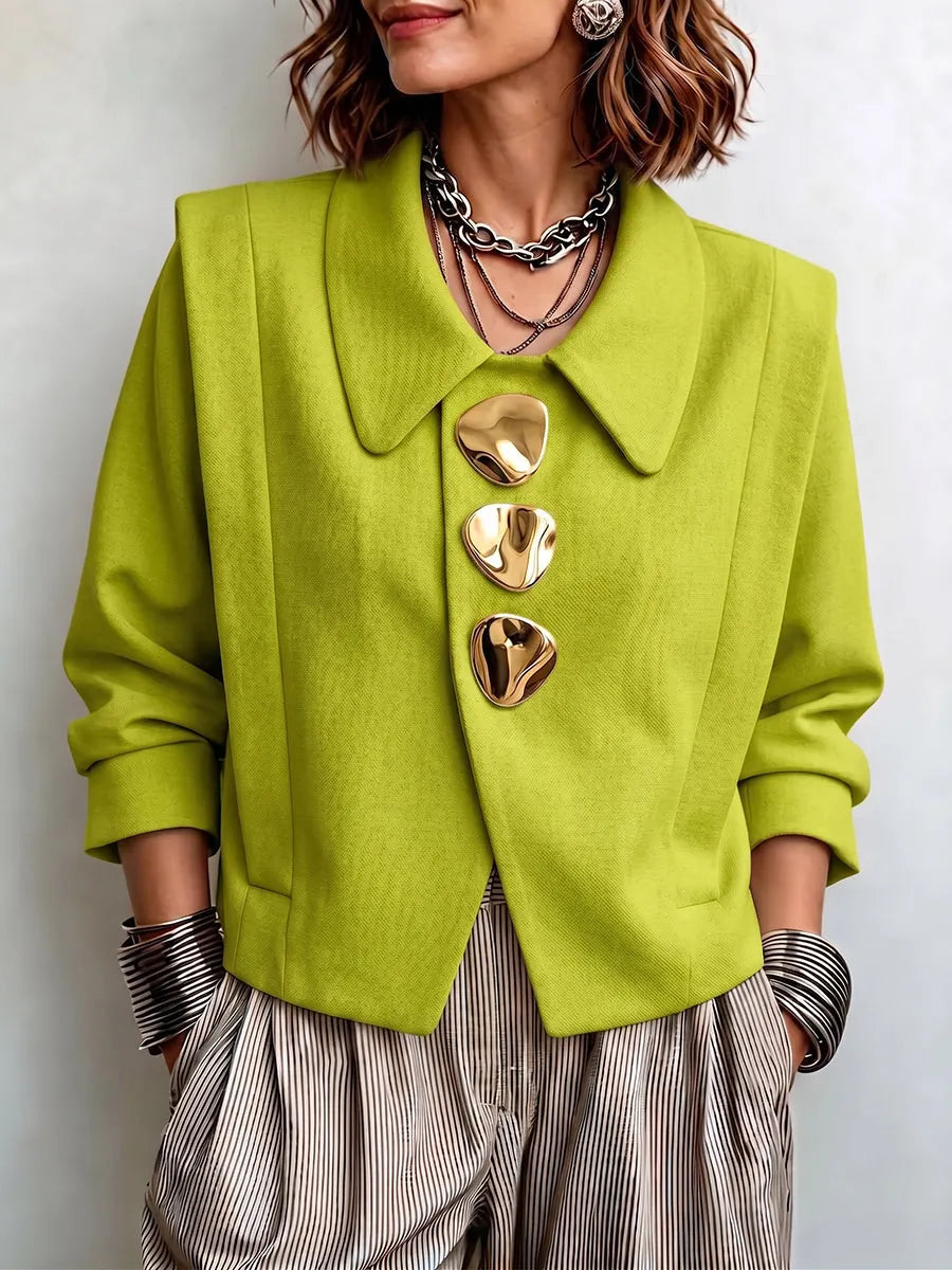 Chic Sculptural Gold-Buttoned Tailored Jacket