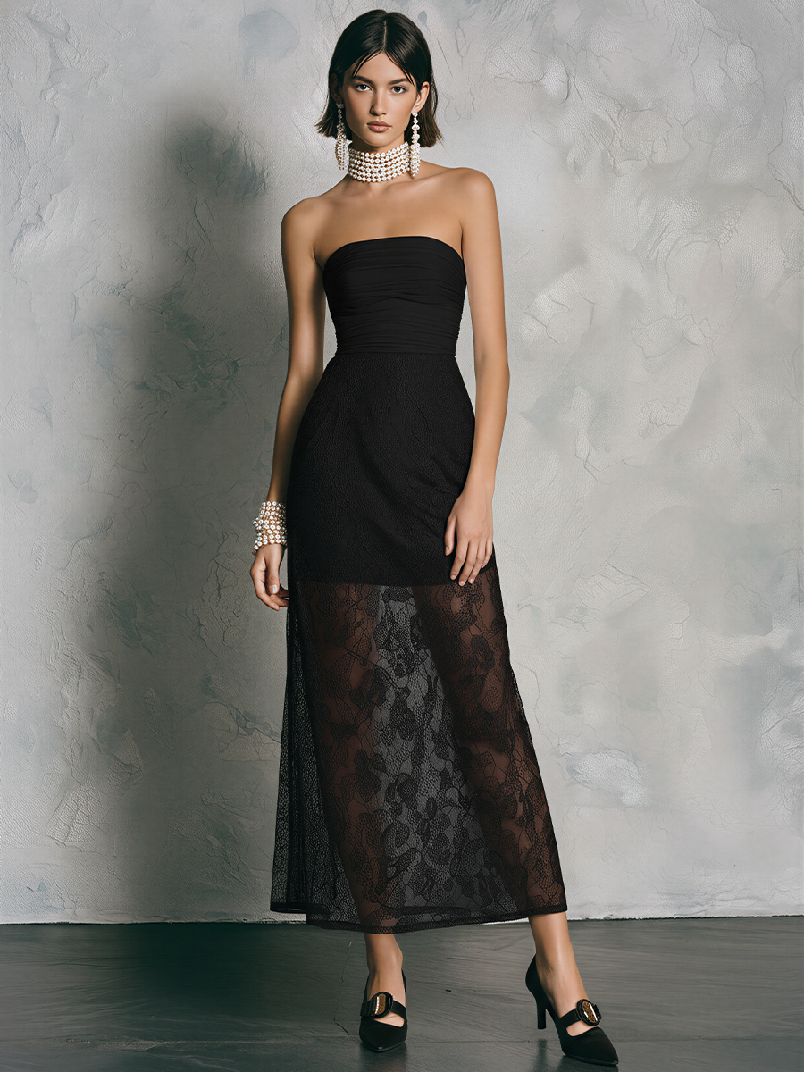 Women’s Black Strapless Lace Maxi Dress With Ruched Bodice & Sheer Overlay