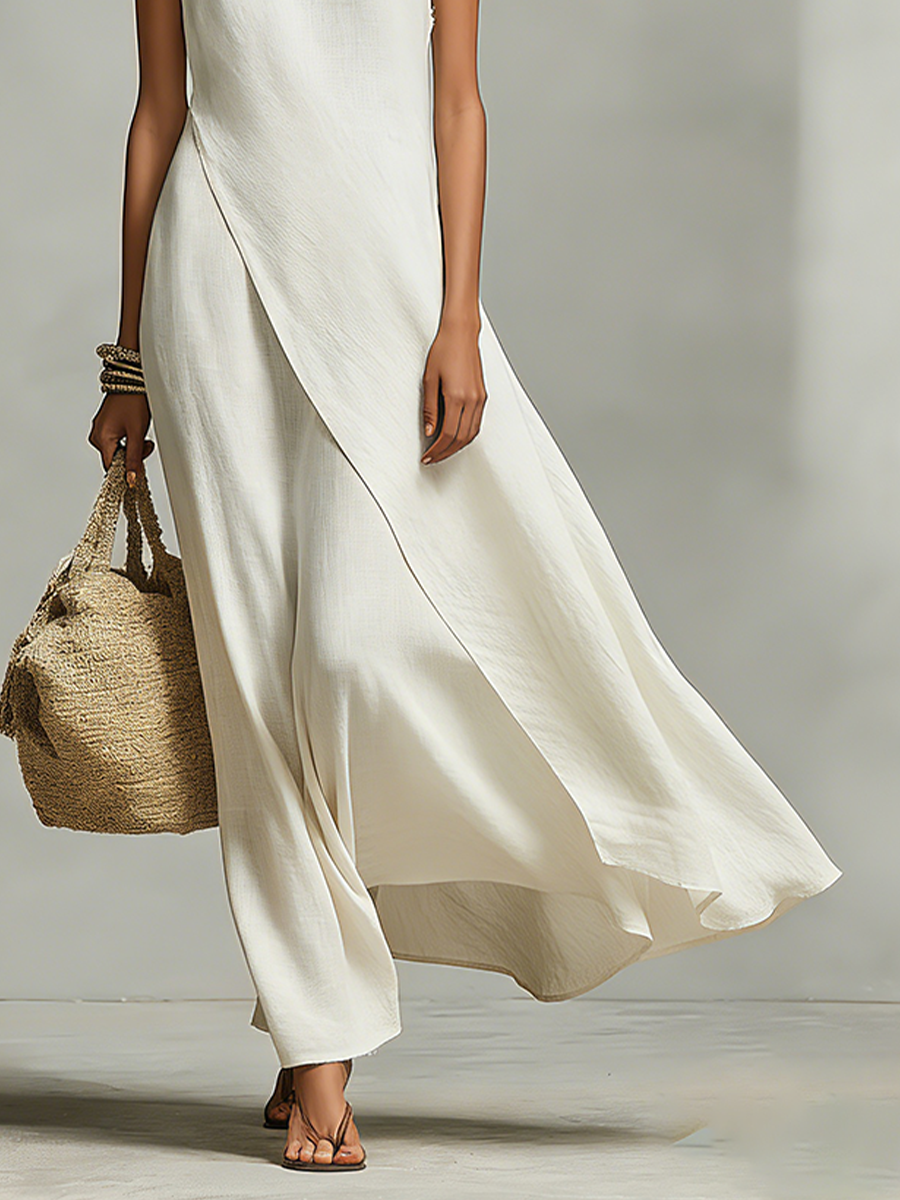 Ivory Linen Asymmetric Hem Sleeveless Maxi Dress
