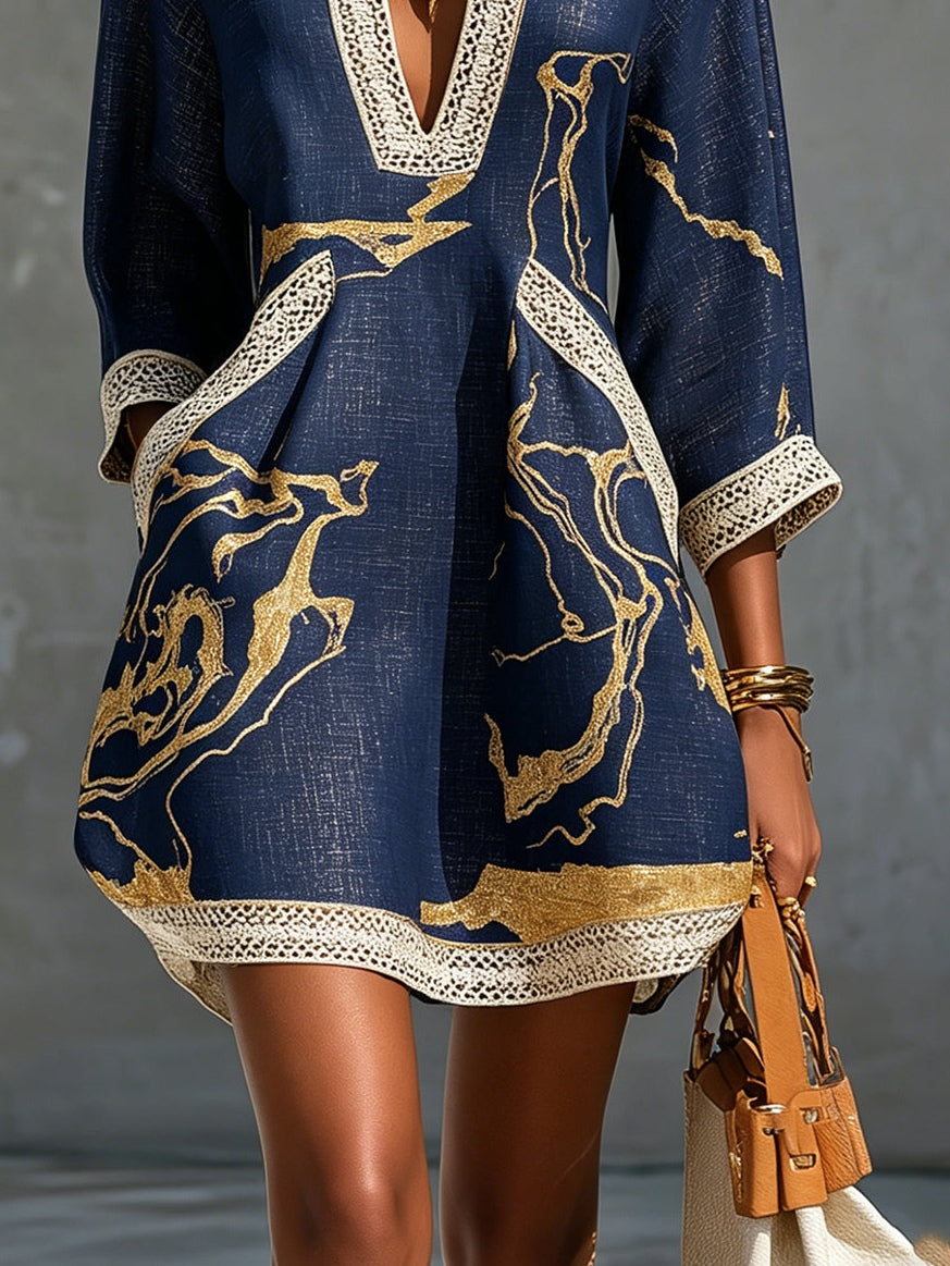 Boho V-Neck Crochet Lace Mini Dress - Navy Gold