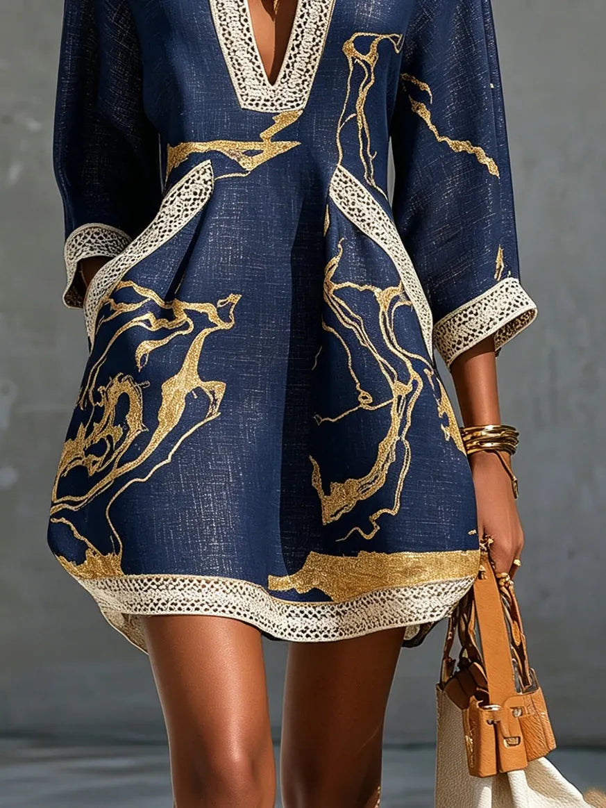 Boho V-Neck Crochet Lace Mini Dress - Navy Gold