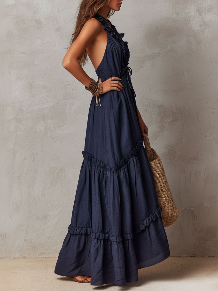 Boho Midnight Blue Ruffled Halter Maxi Dress