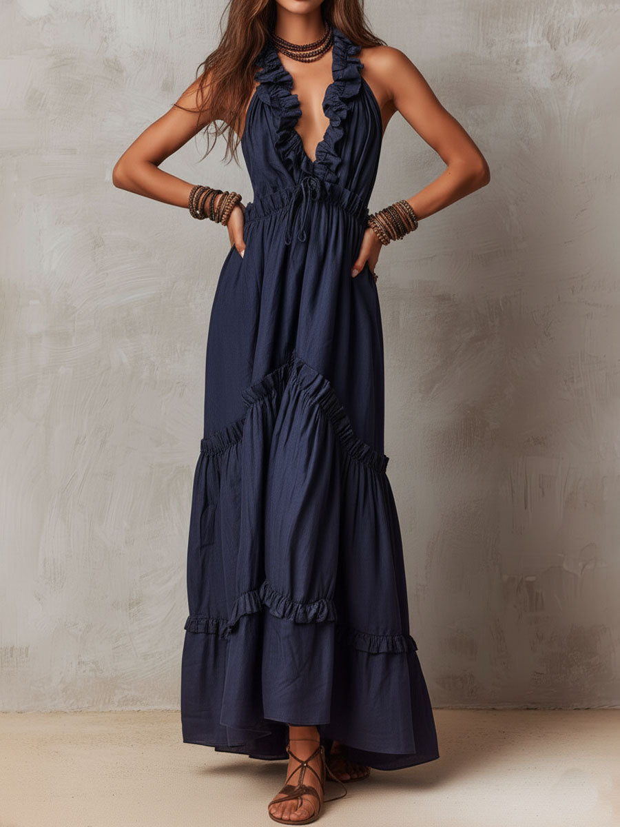 Boho Midnight Blue Ruffled Halter Maxi Dress