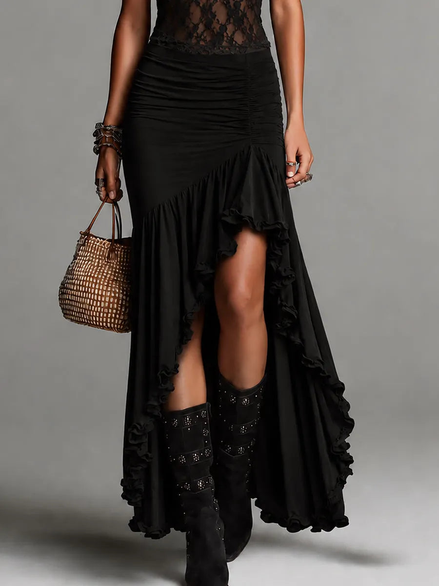 Boho lace camisole and high-slit ruffled maxi skirt set