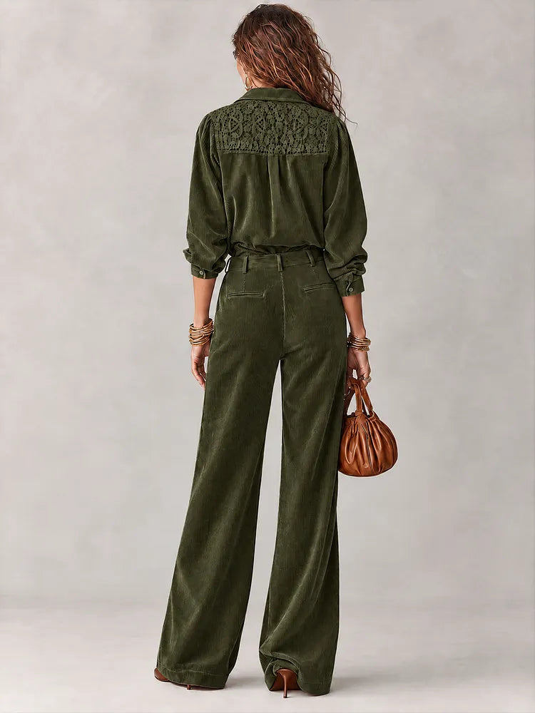 Olive Green Corduroy Lace-Trim Shirt & Wide-Leg Pants Set