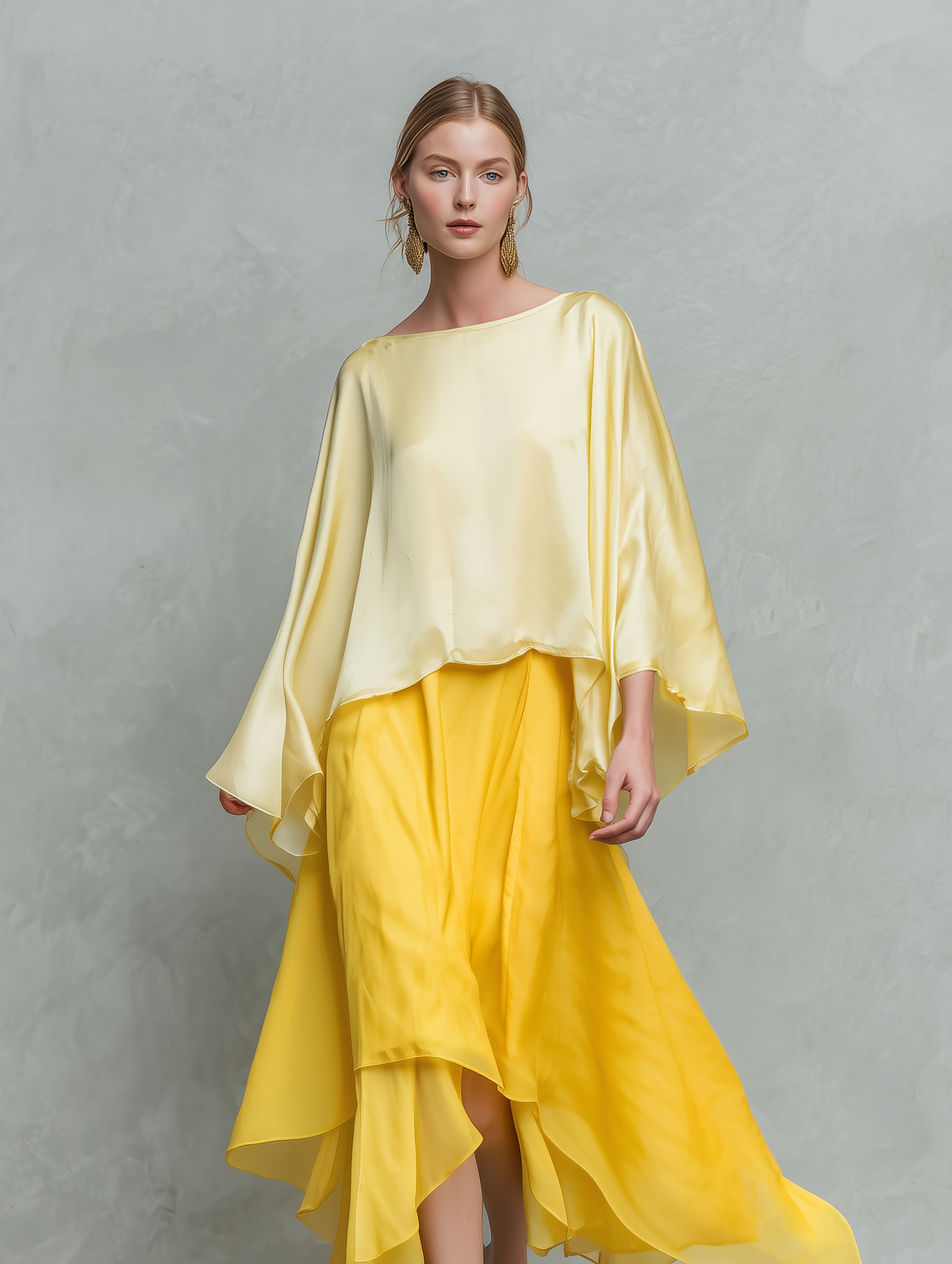 Women's Casual Yellow Satin Long-Sleeve Top Paired With A Chiffon Skirt