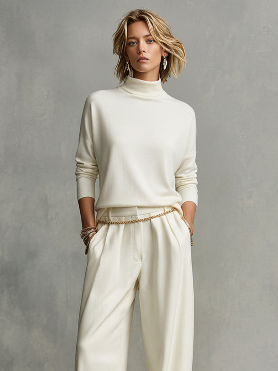 Women's Cream Tailored Wide-Leg Pants with Draped Silhouette & Belt Loops, Contemporary Effortless-Chic Style Pants