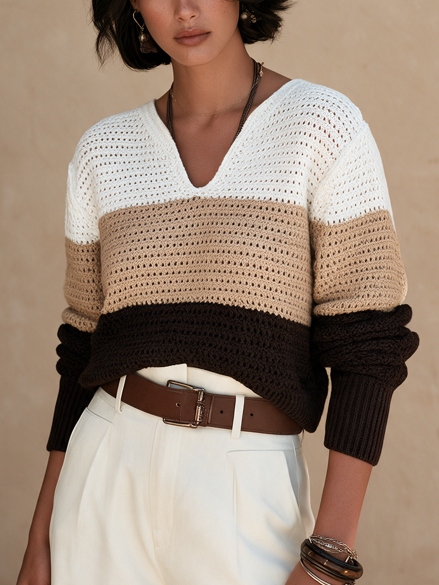 Women's Color Block V-Neck Open-Knit Sweater