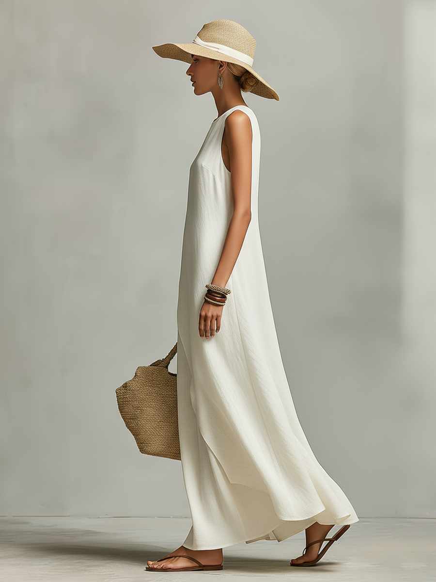 Ivory Linen Asymmetric Hem Sleeveless Maxi Dress