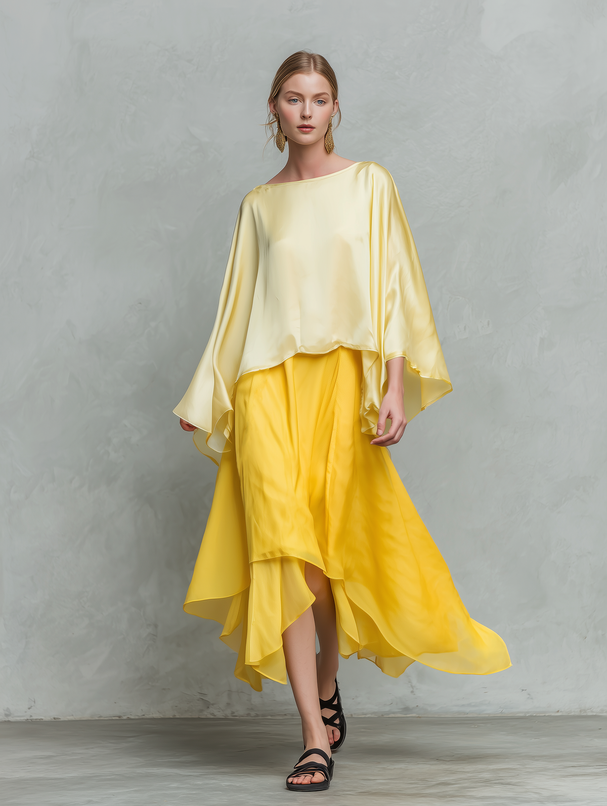 Women's Casual Yellow Satin Long-Sleeve Top Paired With A Chiffon Skirt