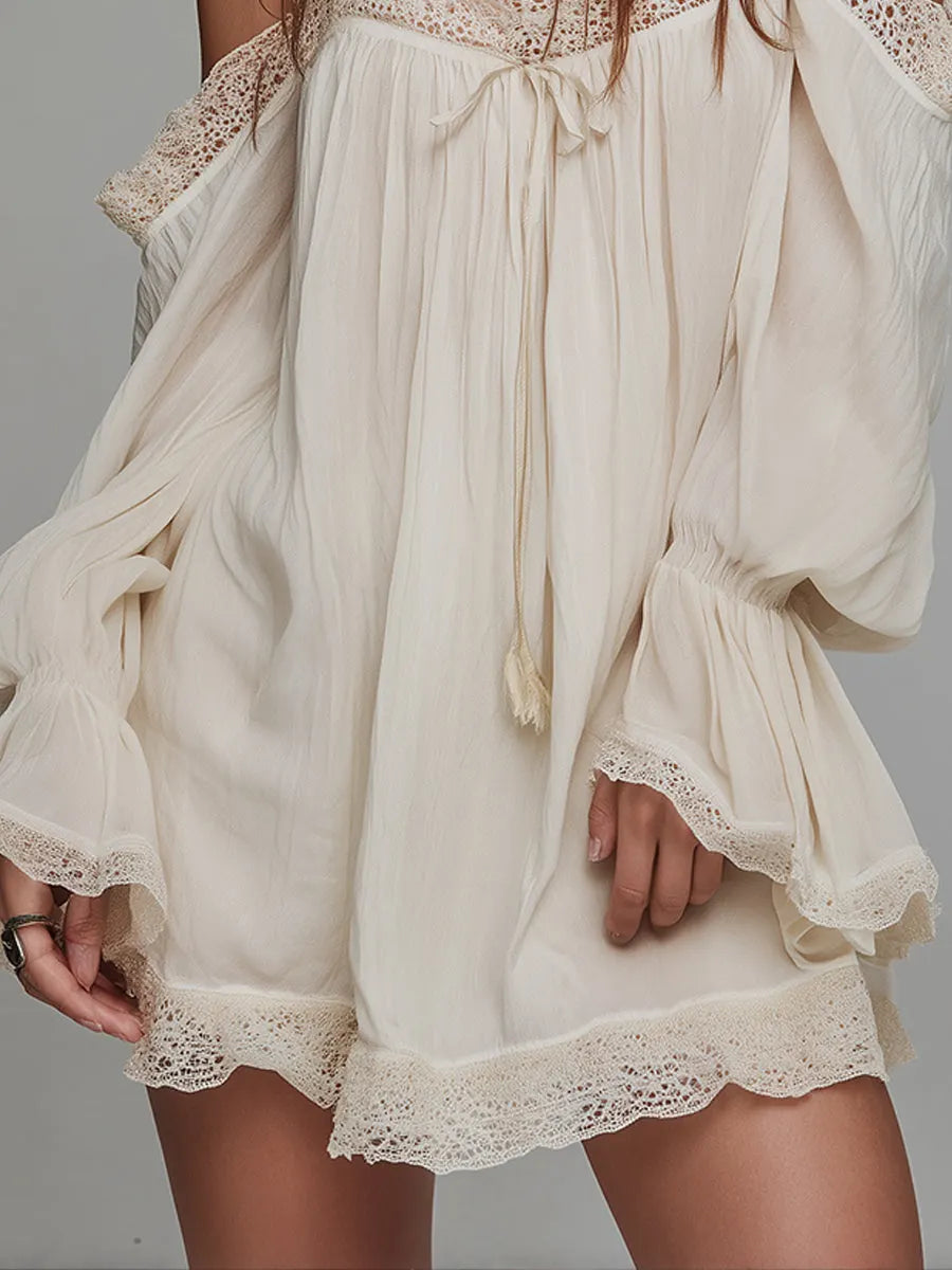 Bohemian Off-the-shoulder Lace Patchwork Chiffon Mini Dress