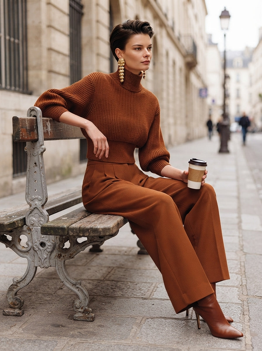 Women's Caramel High-Neck Knit Top & Wide-Leg Trouser Set